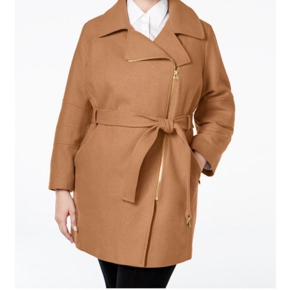 Michael Michael Kors  Asymmetrical Trench Belted Wrap Camel Wool Walker Coat 2X